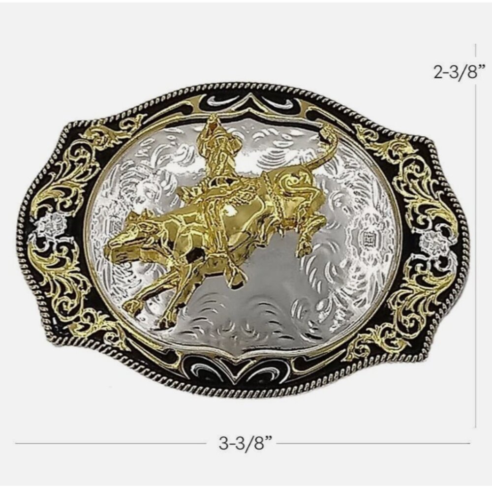 Western Belt Buckle, Rodeo, Bull Riding, Silver & Gold, NWOT, fits 1.5" belt